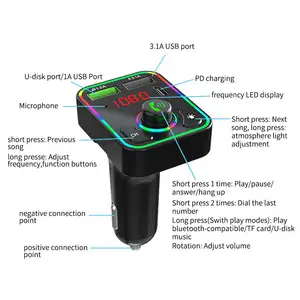 Transmissor colorido LED retroiluminado para carro BT MP3 Disc player kit de mãos livres adaptador para carro USB QC 3.0 + PD Carregador rápido Tipo C