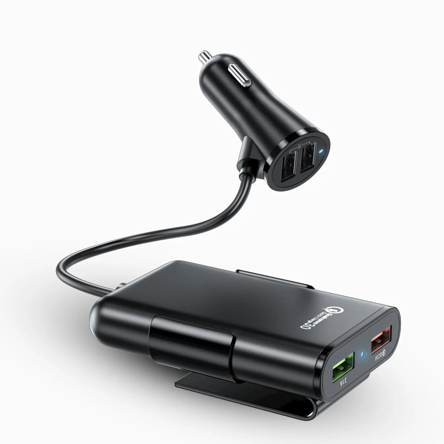 Pengisi Daya Mobil Multi USB QC 3.0, Klip Kursi Belakang Kabel Ekstensi Kabel Panjang untuk Iphone Kursi Belakang Kendaraan Adaptor Isi Ulang Cepat