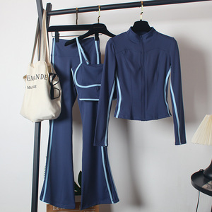 Ensemble de vêtements de <span class=keywords><strong>sport</strong></span> pour femmes, 3 pièces, couleur contrastée, soutien-gorge de <span class=keywords><strong>sport</strong></span>, veste zippée, pantalon évasé taille haute amincissant, tenue de yoga - Product Image 1