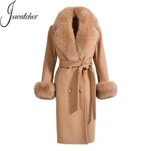 Ngoại Cỡ Vành Đai Phong Cách Cashmere Len Coat Có Thể Tháo Rời Fox Fur Cổ Áo Len Coat Phụ Nữ Mùa Đông Phụ Nữ Coat Với Fur