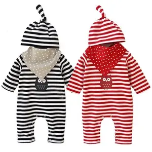 Wholesale Supplier One Piece Rompers Organic Cotton Baby Clothes Striped Romper With Bib