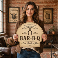 Plaque Métallique Décorative Murale Western Vintage Bar-B-Q Longhorn Horseshoe en Étain Embossé, Personnalisable, Fournisseur Direct d'Usine OEM