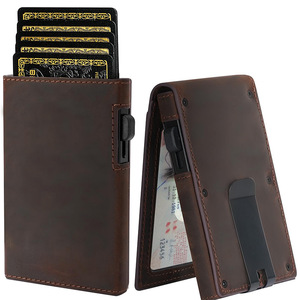 Bi Fold Vertical <b>Metal</b> Card Holder <b>Wallet</b> For Men Genuine Leather Coffee Brown Flip Top Business Style Everyday Use - Product Image 1