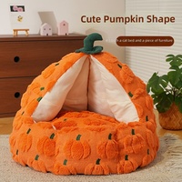 Lit pour animaux de compagnie en tissu douillet et mignon en forme de citrouille tridimensionnelle ; Lit pour chat et niche pour chien semi-fermés et chauds pour l'hiver