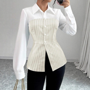 Kemeja Wanita Kasual Bergaris Lengan Panjang Slim-fit Musim Semi Gugur Terbaru Bahan Stretch Berkualitas Tinggi untuk Wanita - Product Image 2