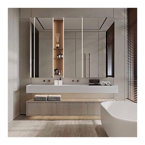 Minimalist Wall Mounted <strong>Rustic</strong> Glass Wash Basin Plywood Double Sink Bathroom Vanities <strong>Cabinet</strong> With Mirror - Product Image 5