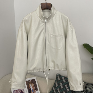 OFTBUY 여성용 인조 가죽 코트 여성 스탠드 칼라 긴소매 트랜지션 PU 가죽 재킷 지퍼 오토바이 재킷 루즈핏 - Product Image 4
