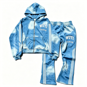 Ensemble de survêtement décontracté personnalisé pour homme, 2 pièces, avec sweat à capuche zippé imprimé numérique et pantalon évasé thermique délavé coupe courte - Product Image 4