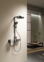 Système de douche moderne en laiton brossé or rose avec barre plate, robinet thermostatique, douche pluie, étagère de rangement et porte-serviettes