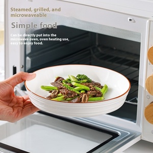 Assiette à dîner moderne en céramique blanche avec bord brun, assiette creuse en porcelaine côtelée pour pâtes et salades, plat de service rond pour la maison et l'hôtel - Product Image 5