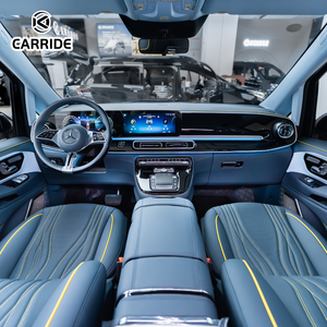 ערכת הסבה לרכב מיניוואן יוקרתי נייד מדגם CARRIDE Vito,  עשויה מסגסוגת אלומיניום ו-PVC, עם מושבי עור בצבע חום בהיר, גג זרוע כוכבים ותאורת אווירה. - Product Image 2