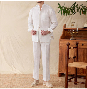 2024 nuevo verano hombres 100% camisa <span class=keywords><strong>de</strong></span> <span class=keywords><strong>lino</strong></span> pantalones <span class=keywords><strong>conjunto</strong></span> transpirable Color sólido Caballero versátil cómodo <span class=keywords><strong>conjunto</strong></span> Casual para hombres - Product Image 2
