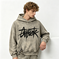 Hoodie Pria Sun Faded Graffiti Tag, Distressed Ripped Pocket, Katun Tebal, Pullover Acid Wash, Streetwear, Grosir