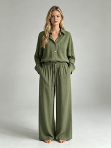 Completo Due Pezzi da <span class=keywords><strong>Donna</strong></span> <span class=keywords><strong>in</strong></span> Cotone e <span class=keywords><strong>Lino</strong></span>, Camicia <span class=keywords><strong>con</strong></span> Colletto a Risvolto e <span class=keywords><strong>Pantaloni</strong></span> a Gamba Larga <span class=keywords><strong>con</strong></span> <span class=keywords><strong>Vita</strong></span> Elasticizzata, Casual ed Ecologico - Product Image 2