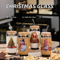Gobelet en verre motif Noël avec couvercle en bambou et paille, en verre borosilicate transparent, pour soda, café glacé et jus