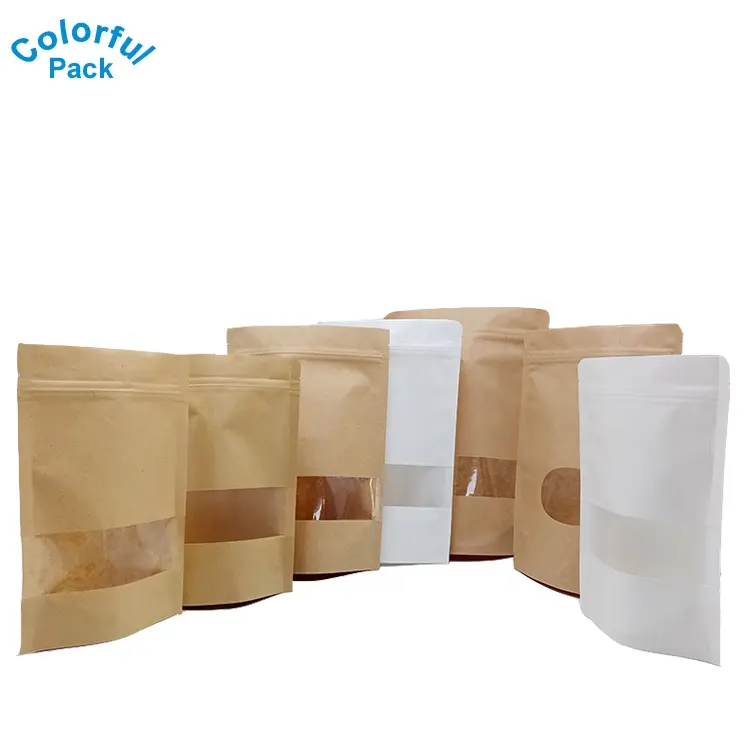 Custom Hersluitbare Ziplock Stand Up Pouch Kraftpapier Thee Koffie Snack Verpakking Zak Voor Voedsel Met Venster