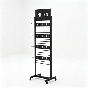 Rolling Double-Sided Grid Wall Panel <b>Display</b> Stand Floor Metal Rack with <b>Hooks</b> & Wheels Durable Store Fixture - Product Image 1