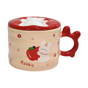 Cute Rabbit <b>Ceramic</b> <b>Mug</b> With Lid And Handle Red Pink Yellow Cartoon Design For Coffee Tea Spring 2025 Gift Cup - Product Image 1