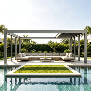Pergola moderne en aluminium, revêtement poudré argenté, structure rectangulaire pour ombrage de piscine extérieure, résistante aux intempéries - Product Image 1