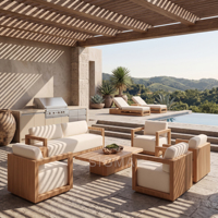 Ensemble de canapés de jardin en teck de luxe, directement de l'usine, canapé d'extérieur moderne avec table foyer, mobilier de patio pour villa, complexe hôtelier, cour.