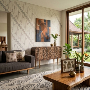 Buffet en bois massif de style moderne du milieu du siècle avec incrustation Batik Mega Mendung - Product Image 6