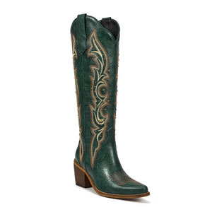 Stivali da Cowgirl WETKISS Taglia Grande 15 Stile Texas Western Vintage Verde Acqua con Punta Affusolata Ricamo Verde e Borchie - Product Image 1