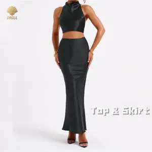 Luluxixiyaya Halter Bandage Backless Crop Top Sun Protect SFP50 Maxi Wide Leg Skirt Women Sexy 2 Piece Set