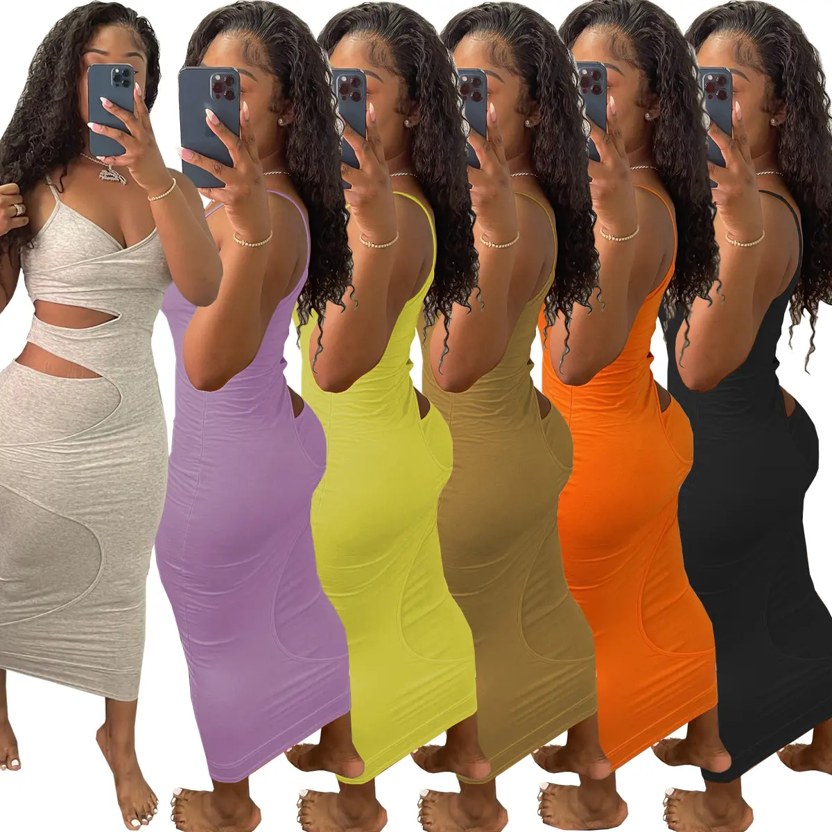 2024 neue ModeShang sexy solide Farbe hängender Riemen ausgehöhltes Kleid langes Kleid