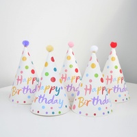 Chapeau d'anniversaire jetable en papier de 20 cm avec pompon en fourrure pour enfants et adultes, décoration de fête d'anniversaire, motif à pois Joyeux Anniversaire