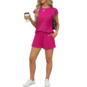 Ensemble de shorts de sport en denim de coton imprimé personnalisé rose pour femmes, 2 pièces, col rond, manches courtes, tricoté, décontracté, printemps-été, respirant - Product Image 1
