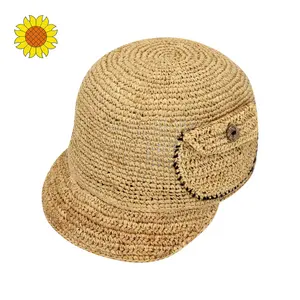 Stylish Outdoor Women Hand Crochet Raffia Straw Sun Visor Hat Cap Crochet Pocket on Left Packable
