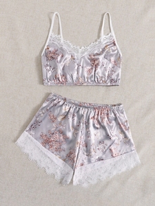 Summer Pyjamas Floral <strong>Lace</strong> Trim <strong>Cami</strong> <strong>Top</strong> and Shorts Hot Silk Satin Pajamas Loungewear Women Sets - Product Image 5