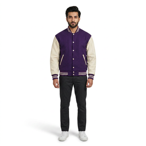 Collège Varsity Veste Laine Tissu Faux PU Cuir Manches Stand Mots Broderie Patchwork CollegeBaseballjacket pour hommes - Product Image 1