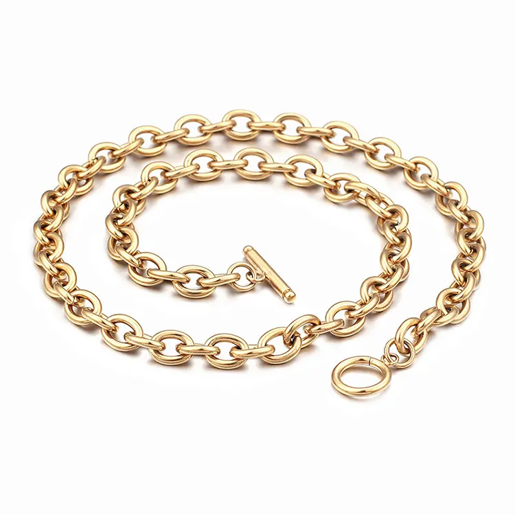 Wholesale 8mm Wide Stainless Steel 18k Gold Plated Toggle Clasp O Chain Necklace