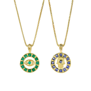 Collar Redondo <span class=keywords><strong>Hamsa</strong></span> de Gemnel con Iolita o Ónix Verde, Amuleto de Protección, Chapado en Oro, Ajustable, Joyería Simbólica de Plata 925 - Product Image 1