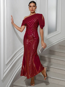 2026 In-Stock Hot Sale European and American New Style Women's Dress One-Shoulder Chiffon <b>Patchwork</b> Sequin Long Dress Party Gown - Product Image 3