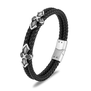 3-Layer Braided Black <b>Leather</b> <b>Bracelet</b> With Stainless Steel Magnetic Clasp & Charm | Men's Fashion Jewelry - Product Image 3