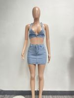Ensemble de deux pièces en jean pour femme, débardeur court et jupe en jean, tendance streetwear, bleu