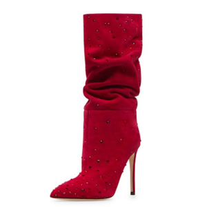 Women's Suede Diamonds Knee High Boots Sexy Pointy Toe Stiletto Shoes Woman <b>Long</b> Boots Custom Logo Sizes Booties - Product Image 4
