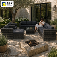 Canapé modulaire d'extérieur en rotin PE, 11 pièces, avec table en verre et ottoman