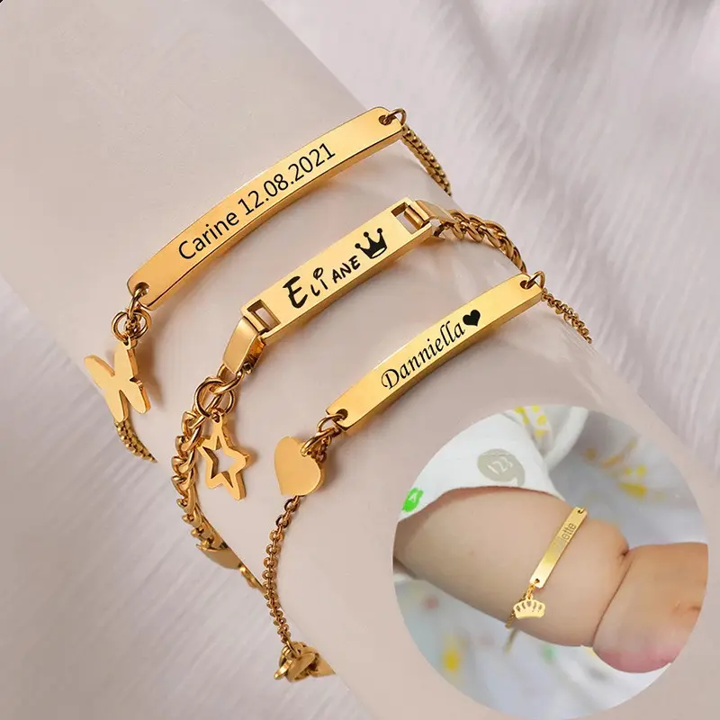 gold plated stainless steel kids children baby name bracelet custom logo engrave name baby charm adjustable bracelet