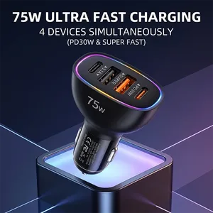 75W Type C Car Charger <b>Adapter</b> 4 Ports Fast Charging Auto <b>Power</b> <b>Adapter</b> Bilateral Shrapnel Stable Contact Colorful LED <b>Ring</b> - Product Image 1