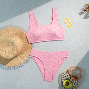 Ensemble bikini jacquard pour femme, culotte de couleur unie avec coussinets de soutien-gorge, sans armatures, Smlxl rose - Product Image 2