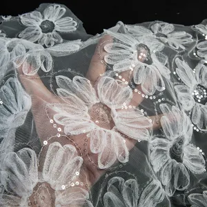 白い花3Dスパンコールレース生地キラキラ刺Embroideryチュール生地テクスチャードウェディングドレス生地