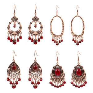 Vintage Alloy Drop <b>Earrings</b> <b>Red</b> Stone Bezel Setting Antique Bronze Plated Women's Party Jewelry Geometric Design - Product Image 1