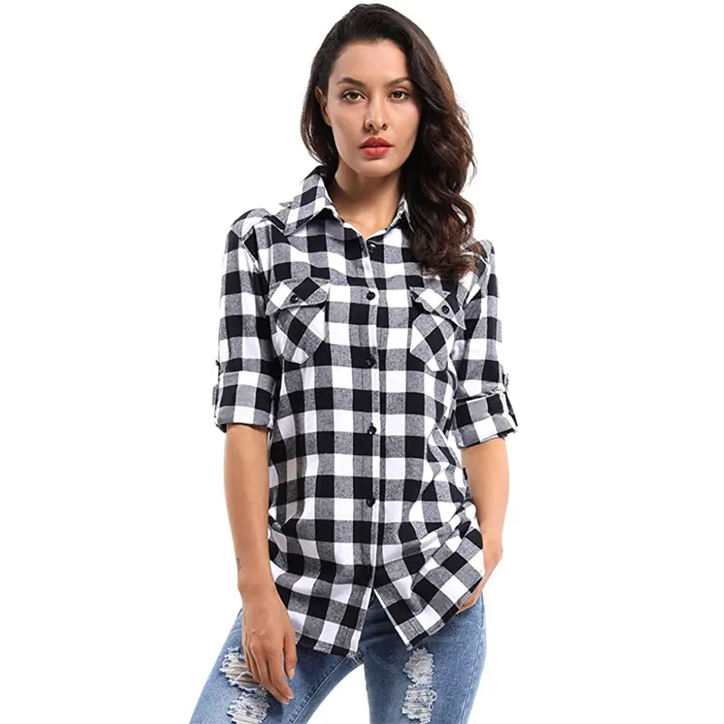 Simple and fashionable women's long-sleeved buttoned black and white red and white plaid flannel shirt