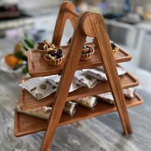 Plateau de service rectangulaire à trois niveaux en bois massif Xuyuan, style campagnard rétro, pour présentation de nourriture lors de fêtes - Product Image 2