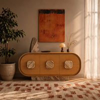 Buffet moderne de luxe 67 pouces en bois naturel avec poignées en travertin, pour projets hôteliers et villas, fabricant OEM/ODM