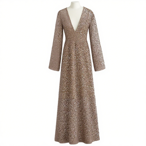 Vestido Midi <span class=keywords><strong>Vintage</strong></span> <span class=keywords><strong>Chic</strong></span> Personalizado 2025 para Mujer, Cuello en V, Lentejuelas, Mangas Largas, Tejido con Estampado Digital, Cintura Natural para Otoño - Product Image 1