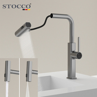 Robinet de cuisine extractible STOCCO gris anthracite moderne, 3 modes cascade et pluie, mitigeur d'évier en laiton massif